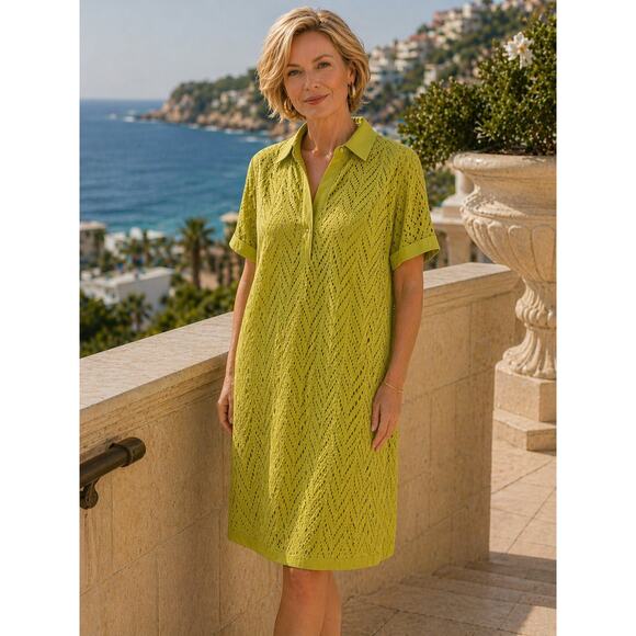 Natori Dresses & Skirts - Natori lime wasabi green 100% cotton eyelet shirtdress lined relaxed fit, SzXL